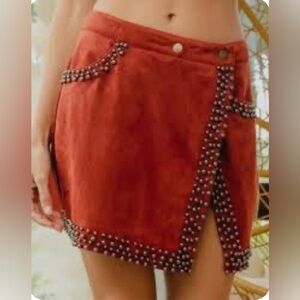 BiBi Rust Red Mini Skirt with Stud Trim